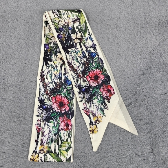 New Garden Print Silk Skinny Scarf Twilly - Picture 3 of 6